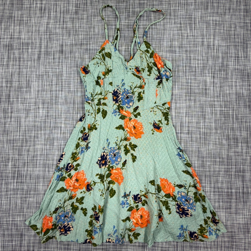 Free People Womens Dress XS Mint Green Floral Strappy Smocked Fit and Flare Boho